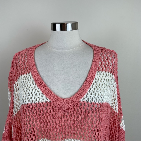 Almost Pink White Stripe Crochet Knit Blouse Top Women Medium - Picture 3 of 6